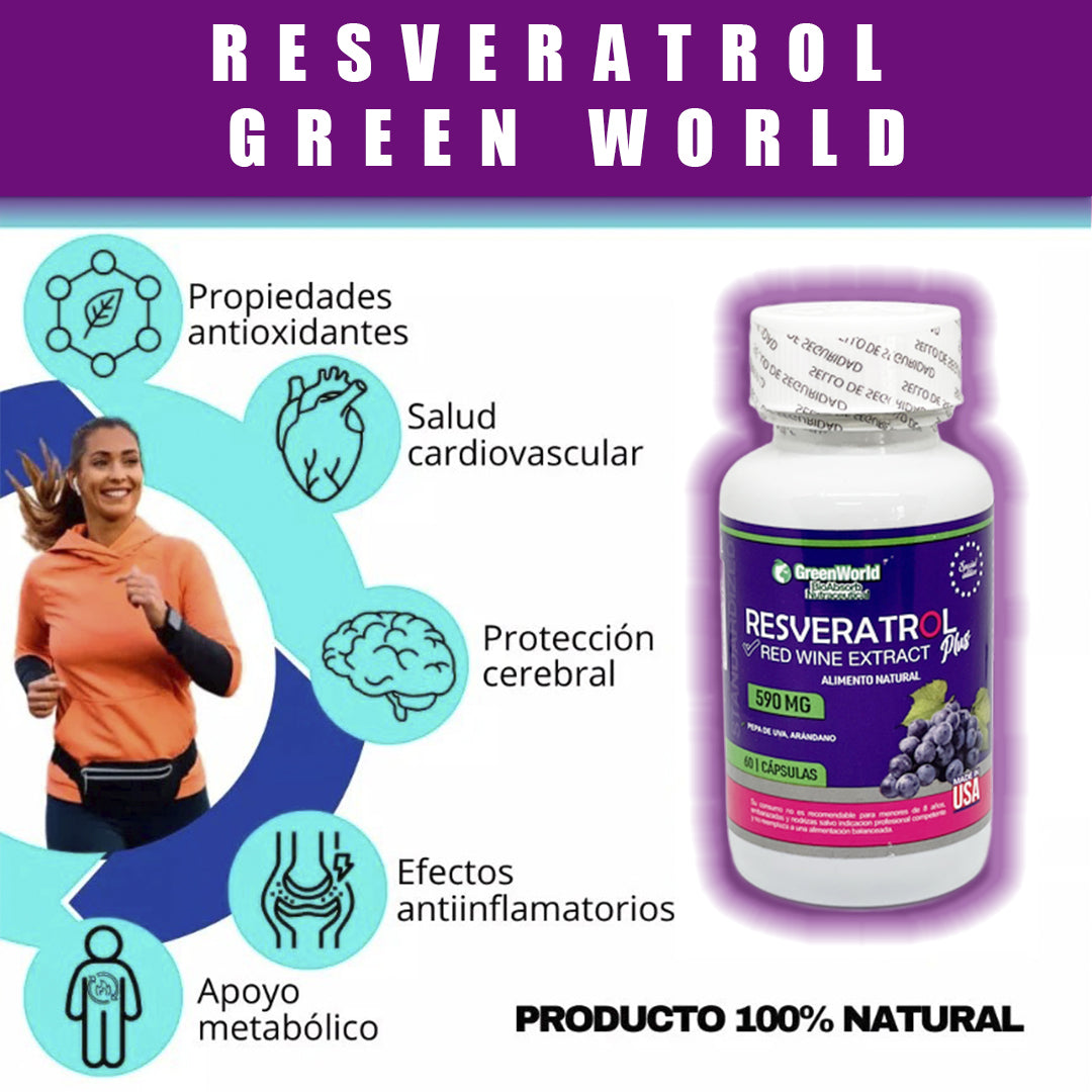 RESVERATROL Green World™ 590 Mg Combate el envejecimiento celular  y Recupera tu Vitalidad